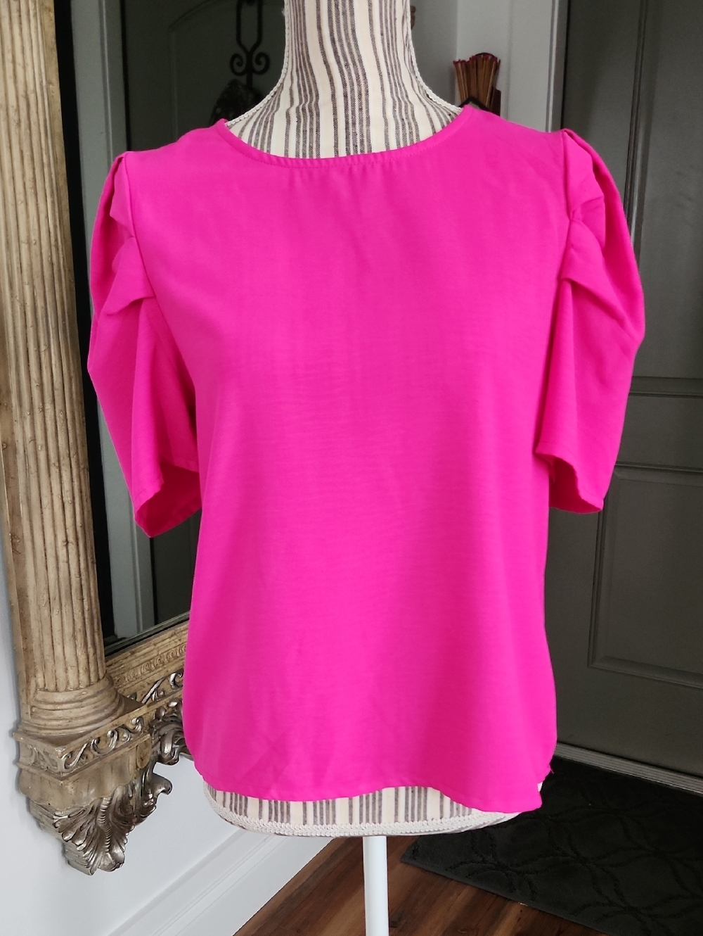 Bright Pink Puff-Sleeve Women's Blouse